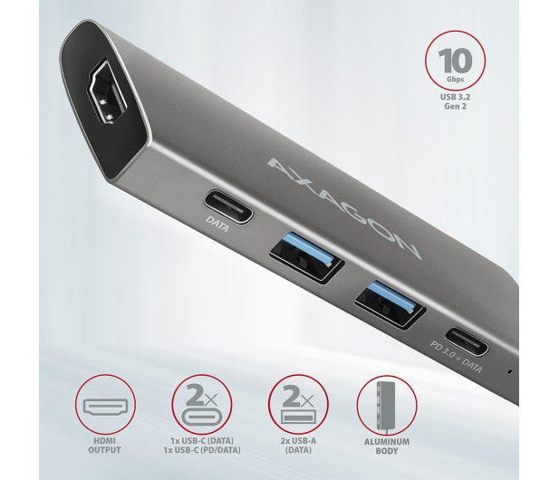 Axagon HMC-5G2, USB 10Gb/s hub, porty 2x USB-A 2x USB-C, HDMI 4k/60 - 1353436 - zdjęcie 3